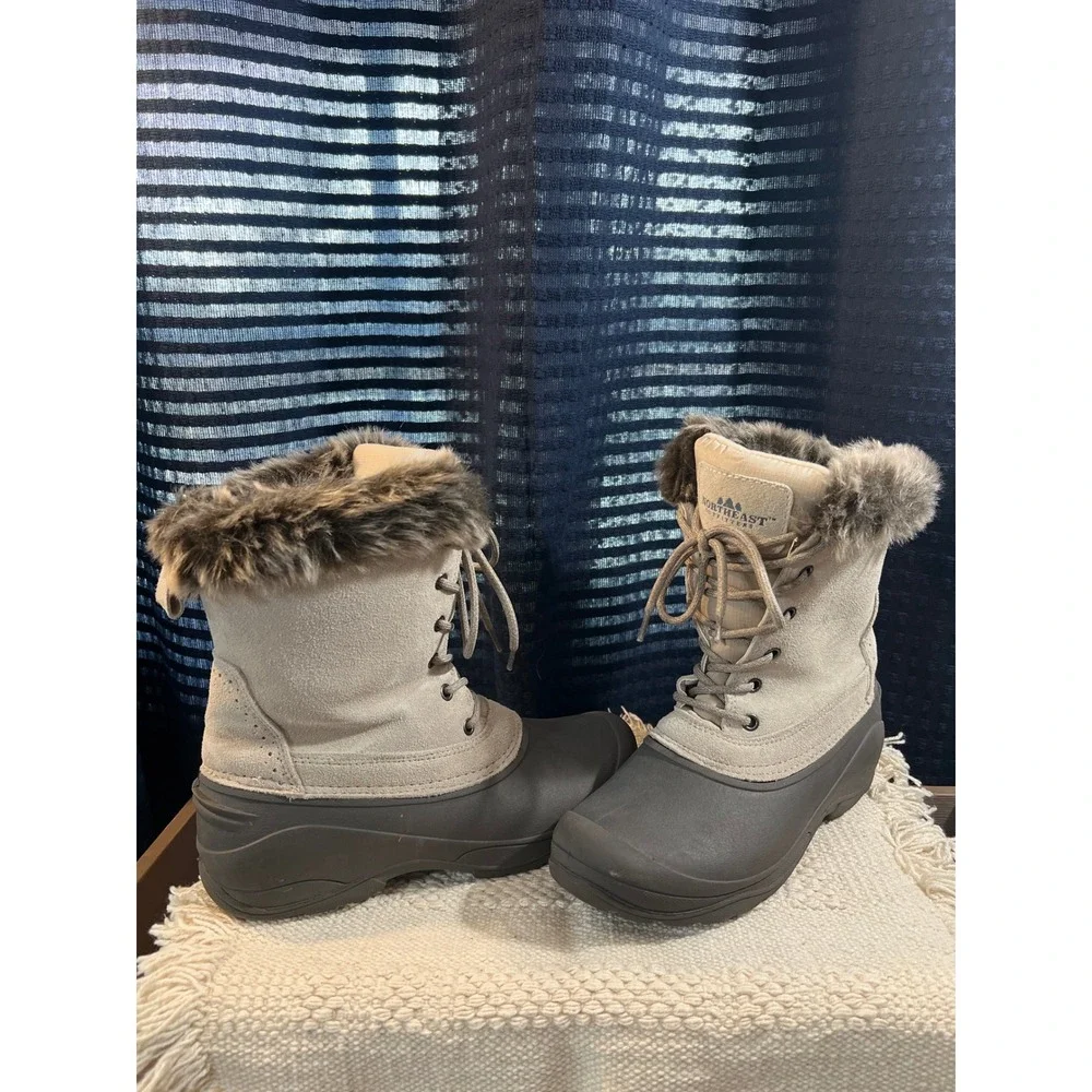 Northeast Outfitters snow Winter Boots Ivory Leather Faux Fur‎ Th insulate 7